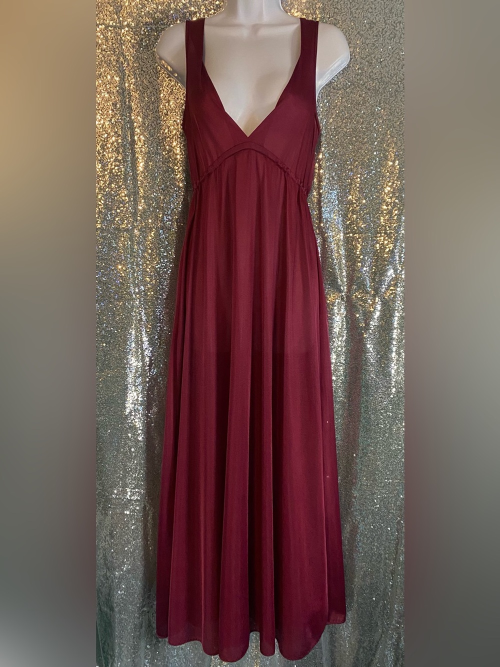 Li’s Stevens Vintage 70s/80s Burgundy Nylon Tricot Nightgown | Deep V Boudoir